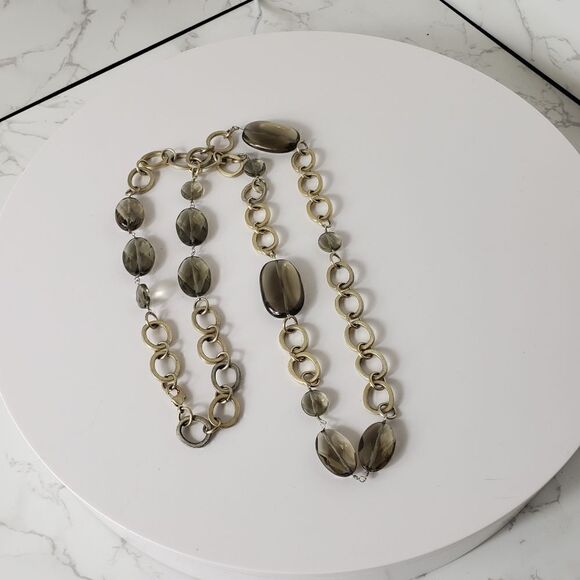 LONG Matte Gold Necklace Smokey Glass Beads - Picture 5 of 7